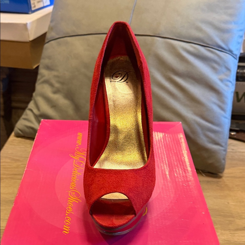 Delicious Red Suede Peep-Toe Pump with Gold Insole